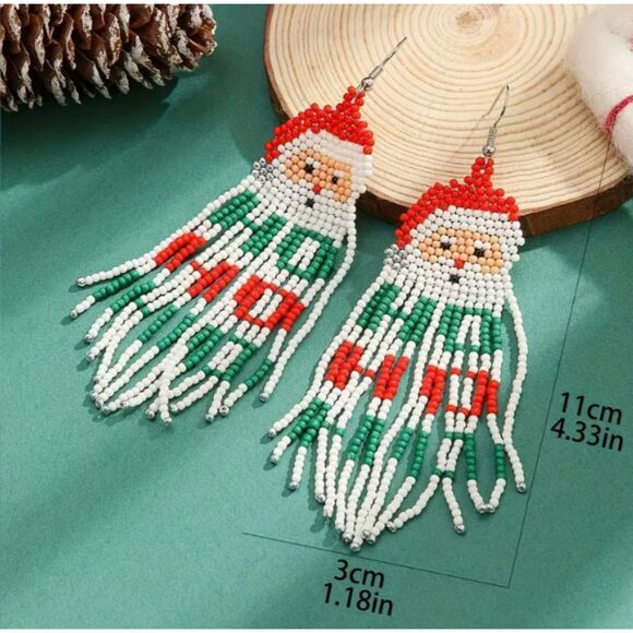 Santa HO HO HO Beaded Long Dangle Earrings - Picture 4 of 7